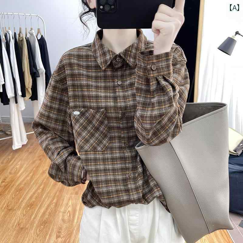 レトロ チェック シャツ レディース ホワイト カラーの ブラザー ブラザーの 2024 春秋 コーヒー 色の レトロ チェック 柄 シャツ サンド スタイル ジャケット レディース(4)