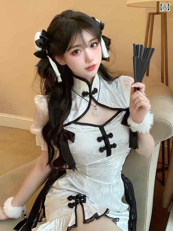 メイド服 コス チャイナ風 女の子 チャイナ ドレス ボタン プリント パフスリーブ ロリータ パンダ メ..