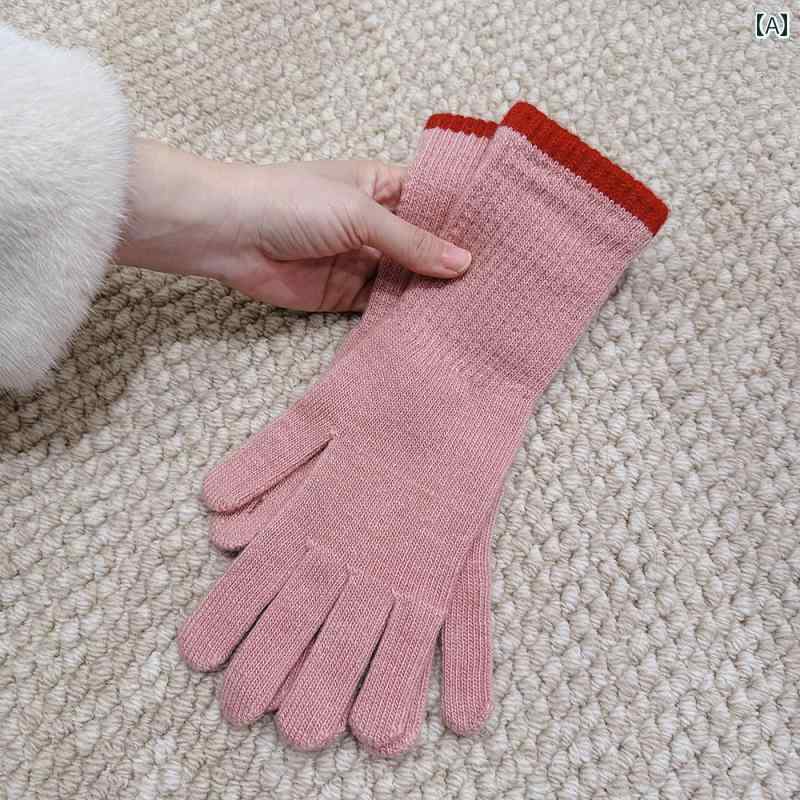ニット手袋 カレッジ 文学的な カラーマッチング ウール ブレンド ニット ソフト ロング グローブ レディース 冬 暖かい 2本 指 タッチ スクリーン