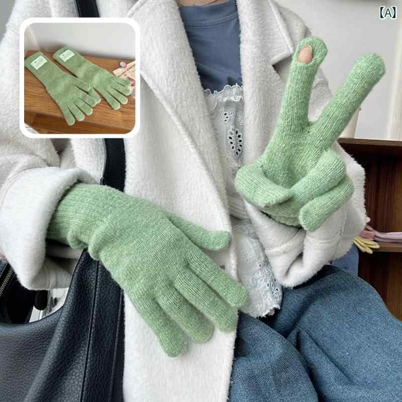 ニット手袋 女性用 キャンディカラー ニット ロング グローブ 5本 指 ウール 厚手 暖かい 指なし タッチ スクリーン ヤーン 秋冬 サイクリングと 運転