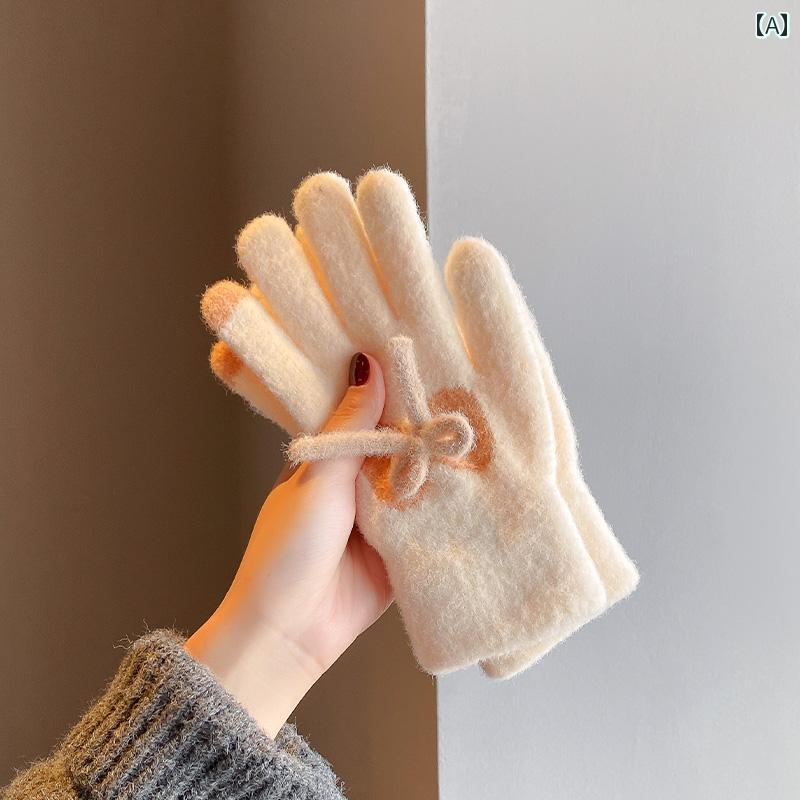 ニット手袋 フグ リボン ピンク ニット 手袋 レディース 冬 サイクリング タッチ スクリーン ウール 学..