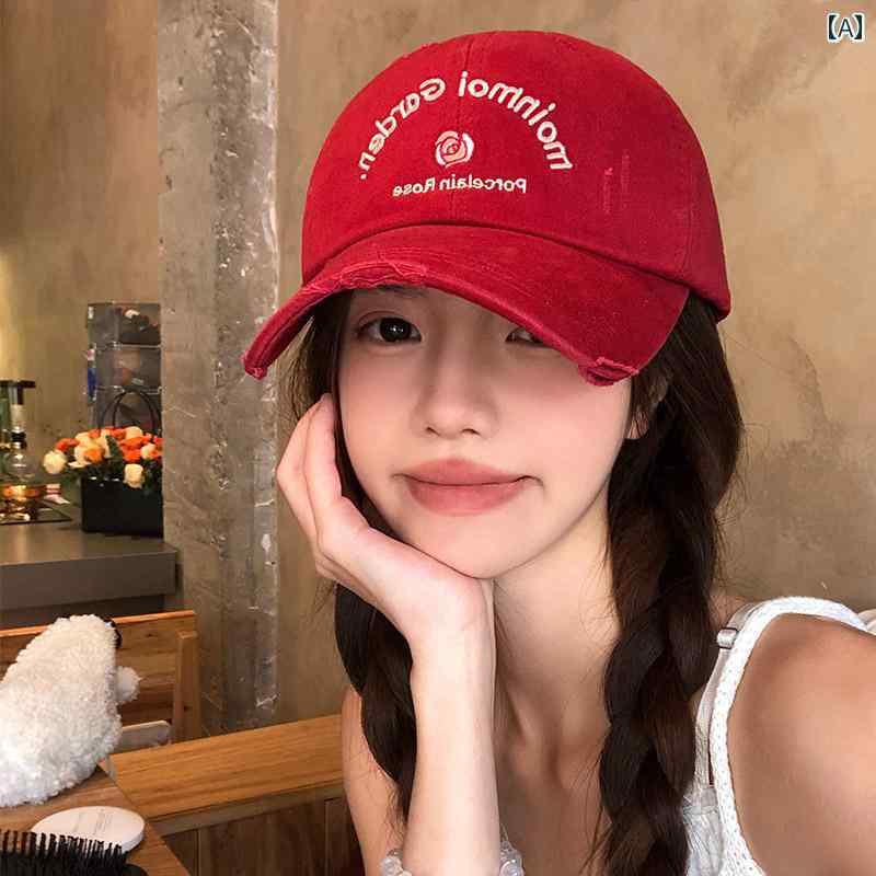 キャップ レディース カジュアル 韓国 文字が 刺繍 トマトの 赤い 野球帽。 つばが 広くて 顔が 大きい 女性用。 小さい 帽子。 な 日よけ キャップ。