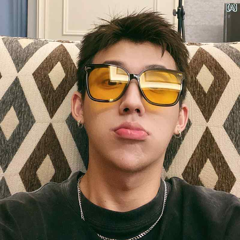 ファッション サングラス レトロ 透明な 黄色の サングラス メンズな イン ドライビング ビッグフェイ..