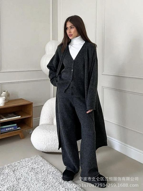 Other Jackets Jumpers - レディース ニットセット 秋冬 通勤用 ロングセーター カーディガン ベスト パンツ 三点セット 暖か 伸縮性 ウール混 ビッグシルエット ブラック グレー