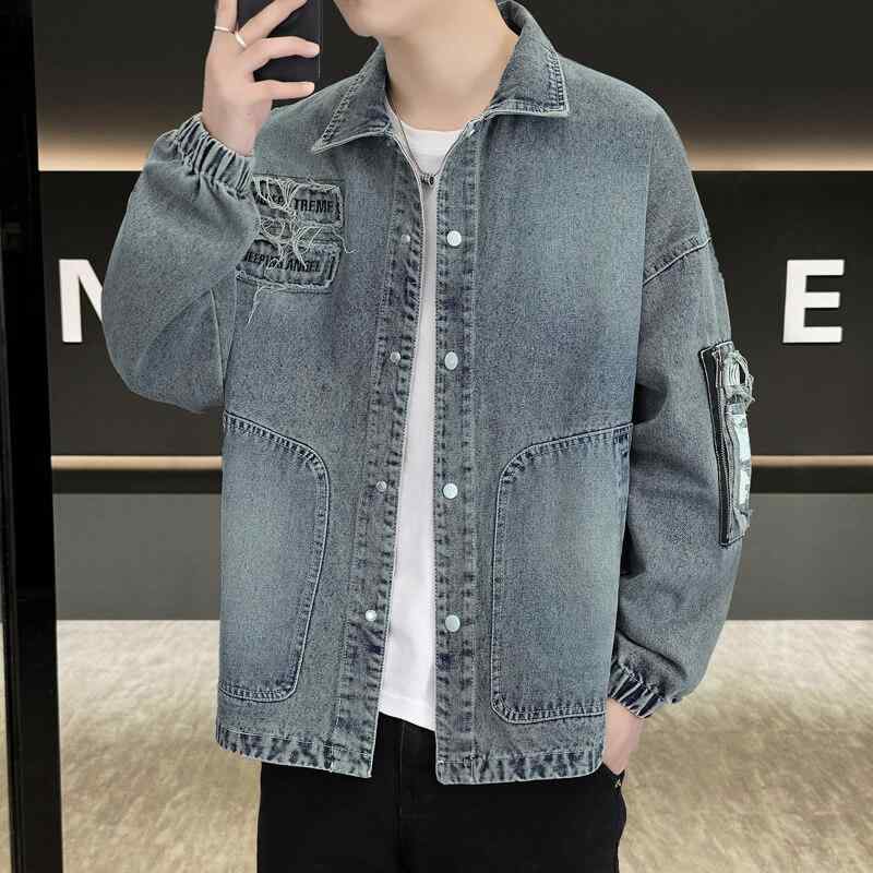 Rakuten - メンズ デニムジャケット 春秋 ゆったり カジュアル ワークスタイル レトロ ウォッシュ加工 スタンドカラー フィット 普段使い アウトドア 綿混素材 軽量 伸縮性