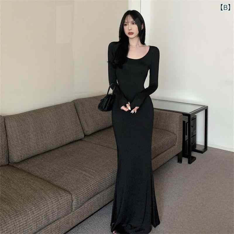 ワンピース レディース 長袖 秋 カーキ色 フィッシュテール 修身 無地 ロング丈 スタイリッシュ 女性らしい シルエット ボディコン 秋冬 デイリー コーデ 軽量 ストレッチ laonschoise-11511930 LAONsChoice サンプル画像3