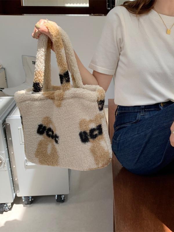 Other - ハンドバッグ レディース クマモチーフ かわいい 毛绒 韓国 小型 スクエア 普段使い 暖か フランネル 柔らかい 軽量 秋冬 ベージュ系 ブラウン系 通勤 デイリー