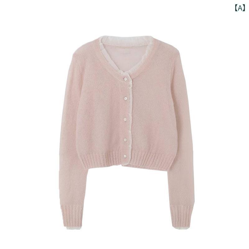 Long-Sleeved Knit - ニットカーディガン レディース 春 Vネック レース 切り替え かわいい 上品 デザイン 柔らかい 素材 日常使い 軽量 伸縮性 トップス