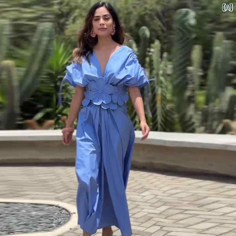 樂天商城 - レディース ワンピース 夏 ファッション 立体 花 刺繍 ウエスト シェイプ 修身 ボディ フィット 大 フレア スカート 女性用 ドレス 軽量 通勤 普段使い かわいい スタイル