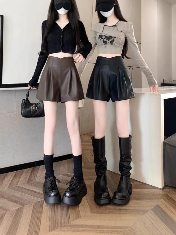 ショートパンツ レディース 秋冬 合成皮革 ハイウエスト Aライン カジュアル ワイドレッグ スリム効果 ストレートレッグ 脚長見え 普段使い 軽量 伸縮性