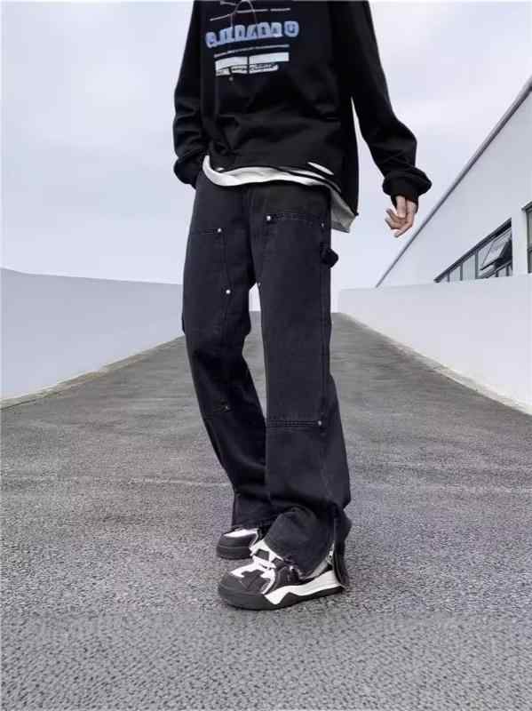 Rakuten - メンズ デニムパンツ レトロ ストリート ストリート スリット ゆったり ストレート ワイドレッグ ハーフジッパー カジュアル 普段使い デニム素材 フィット ビンテージ