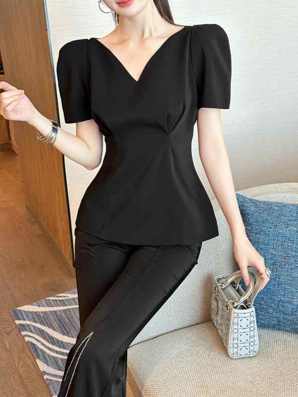 レディース トップス 通勤用 夏 Vネック ウエストシェイプ スリムフィット 無地 ベーシック Tシャツ 伸縮性 軽量 吸湿速乾
