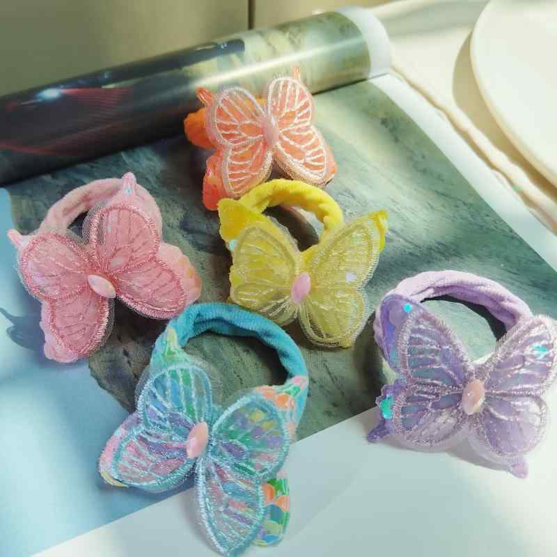 Hair Rubber Band - 女の子用 ヘアゴム 子供 蝶々モチーフ 二重レース 刺繍 シークイン カラフル 多色 かわいい 甘め ヘアアクセサリー 日常使い 軽量 伸縮性