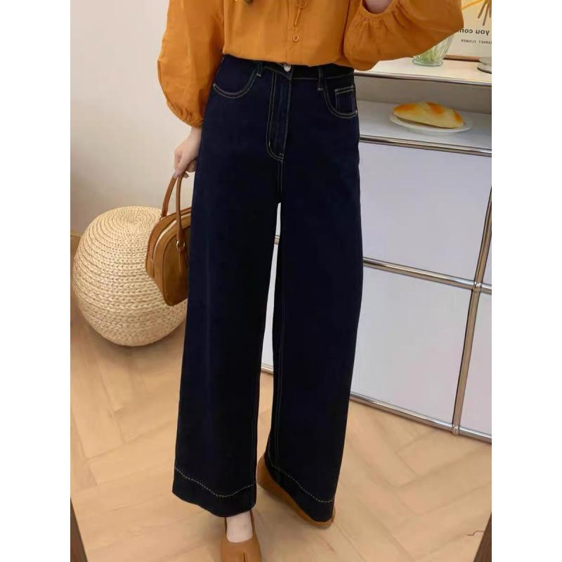 デニムパンツ レディース ビッグサイズ ダークブルー ストレート ワイドレッグ フィット 裏地付き 梨型体型 スリム効果 伸縮性 秋冬 普段使い 通勤用