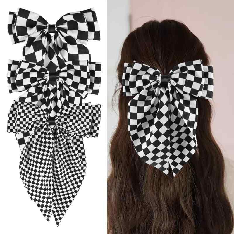 ヘアクリップ 黒白チェック柄 蝶結�
