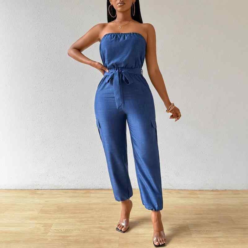 Women's Clothing - ワンピースパンツ レディース 夏用 チューブトップ ポケット カジュアル ファッション エレガント ストラップレス ジャンプスーツ 軽量 伸縮性 吸湿速乾 街着 レジャー