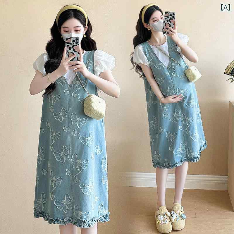 妊婦服 夏用 小柄対応 デニム 蝶柄 刺繍 スカート Tシャツ 2点セット ゆったり シ...