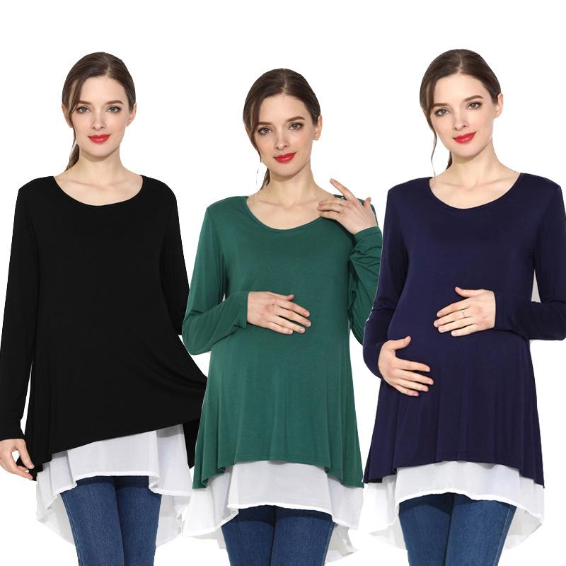 授乳Tシャツ マタニティ 長袖 ゆったり ビッグシルエット 伸縮性 大サイズ お腹カバー お出かけ用 フェイクライヤード 春秋 カジュアル トップス