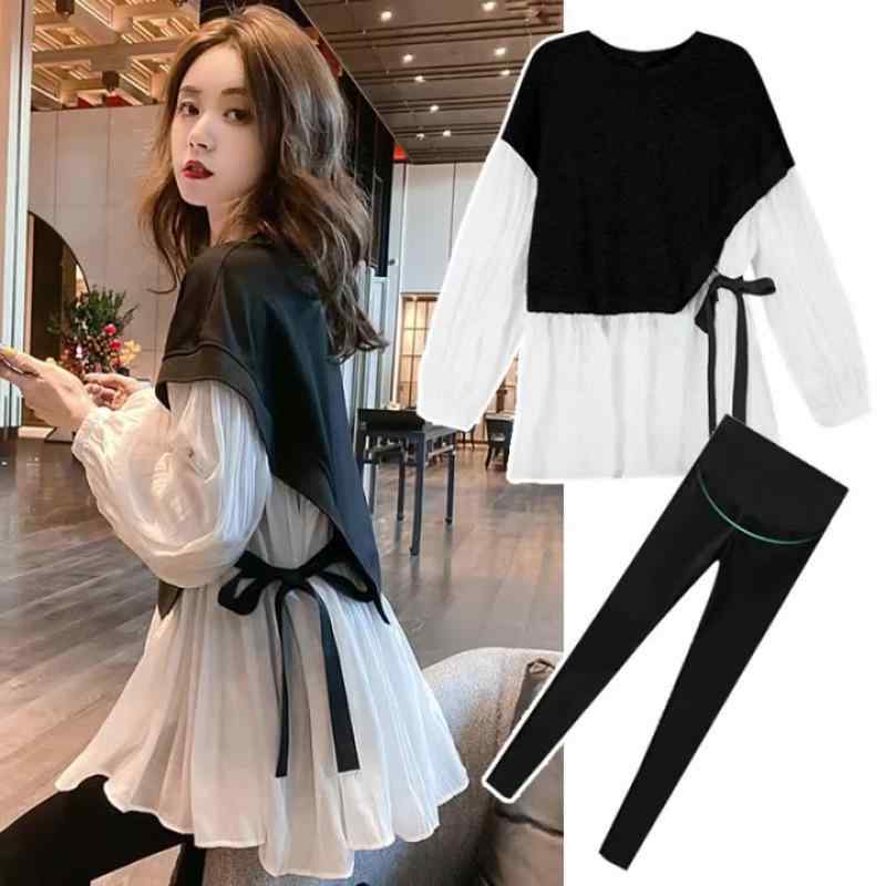 Formal - マタニティ トップス 秋冬 切り替え シフォン 裾 スリット 紐付き ブラウス レギンス セット 妊婦服 軽量 伸縮性 普段使い コットン混 ハイウエスト ブラック ベージュ