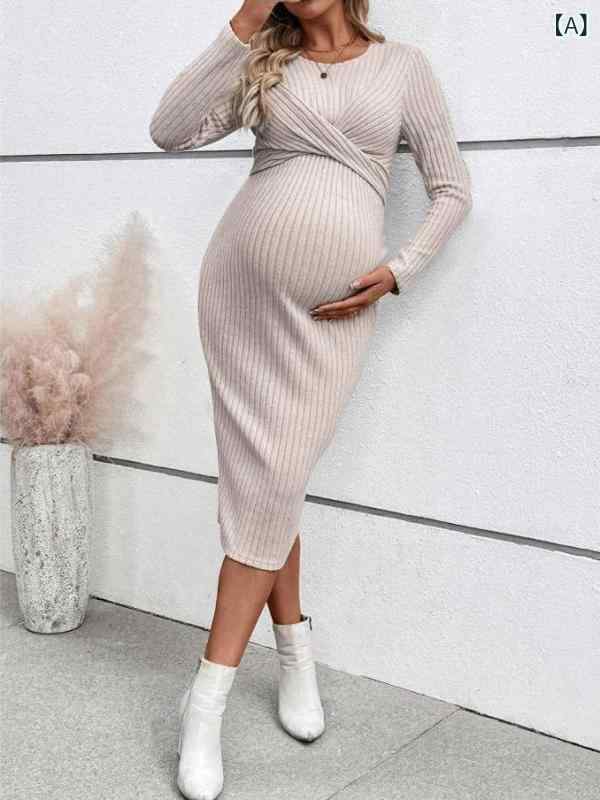 マタニティワンピース 長袖 ツイストデザイン 修身型 妊婦ドレス 上品スタイル 伸...