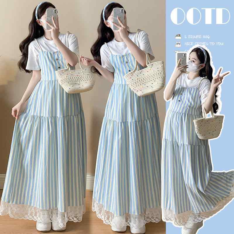 Formal - 妊婦服 夏用 縦ストライプ ノースリーブ ワンピース セット 丸首 ゆったり Tシャツ マタニティ 快適 ゆったりシルエット 通気性 コットン混 軽量 デザイン