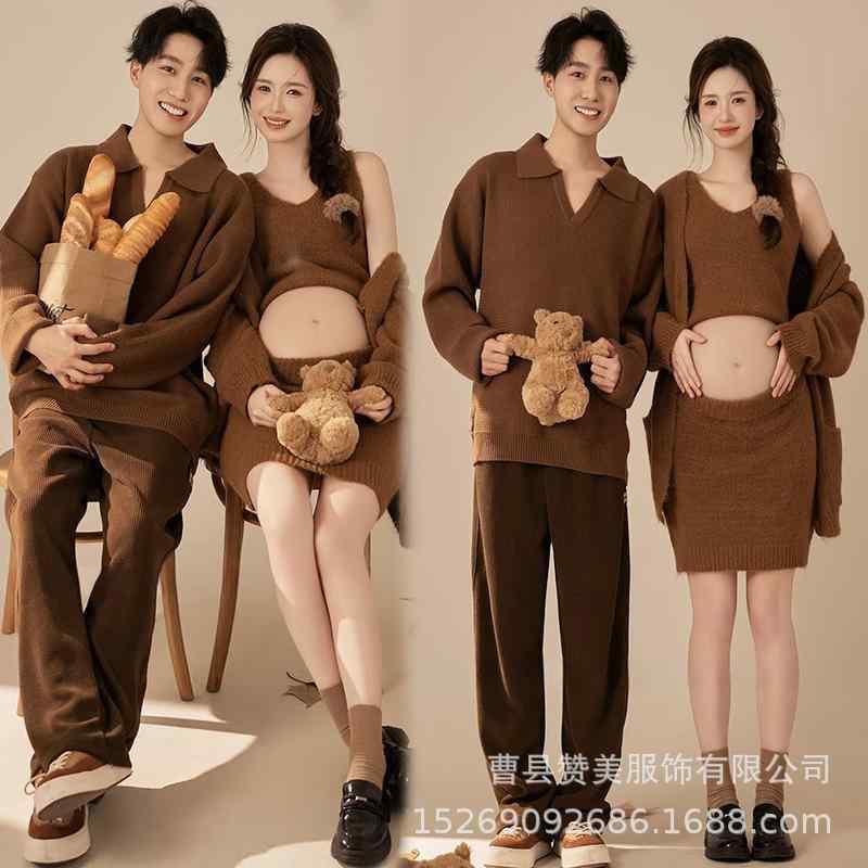 妊婦用 セーター セット カップル マッチング カーキ色 ニット トップス ボトムス ...