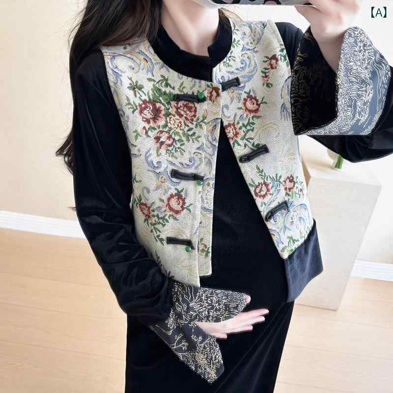 LAONsChoiceの秋 マタニティ 中華 盤扣 ベスト ビロード ワンピース 高級感 ゆったり シルエット 妊婦服 快適 柔らかい 素材｜アングル2