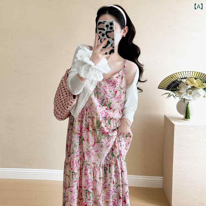 裙子 - 妊婦服 春夏 マタニティ 大きめ ゆったり シフォン 花柄 キャミワンピース UVカット 軽量 カーディガン 通気性 日常使い 2点セット