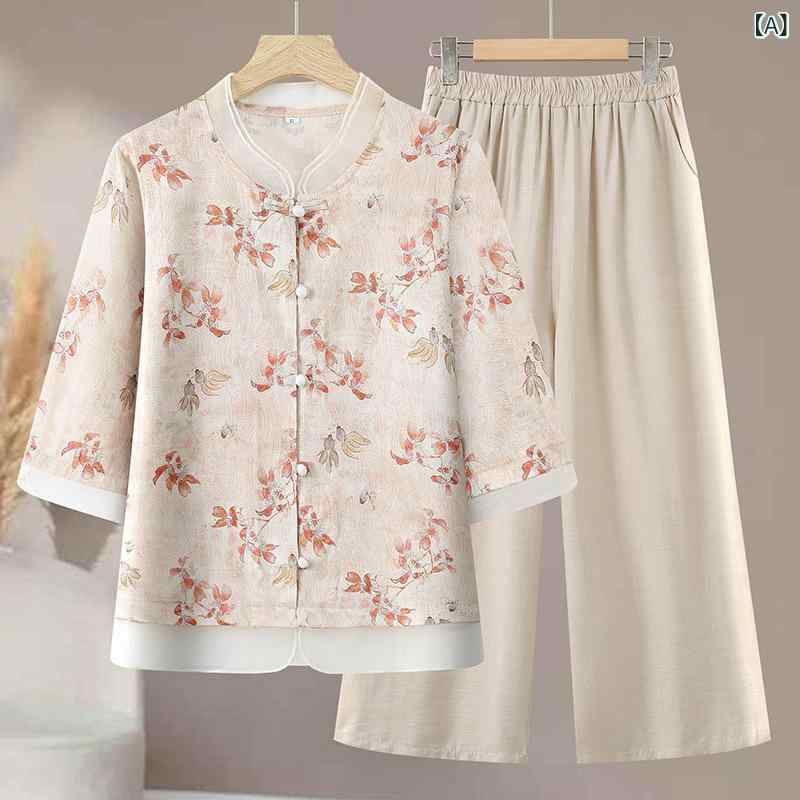 夏 レディース ブラウス 2点セット 薄手 シフォン 半袖 小花柄 レトロ 中国 上品 ママ服 中年女性向け トップス 軽量 普段使い