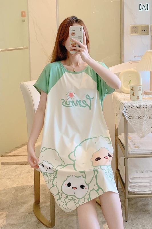 Nightgowns - レディース 夏用 短袖 パジャマ 薄手 かわいい カートゥーン柄 ゆったり 中長スカート 部屋着 ホームウェア 綿素材 吸湿速乾 軽量 ビッグシルエット