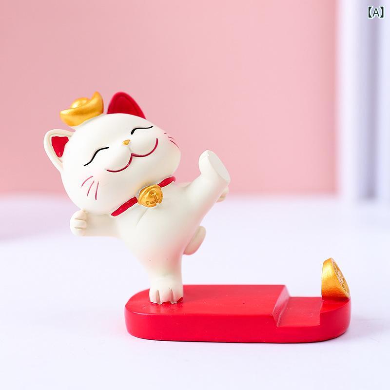 スマホスタンド かわいい猫 デザイン レジン製 置物 クリエイティブ 幸運アイテム 昇進祈願 卓上用 デスクトップアクセサリー