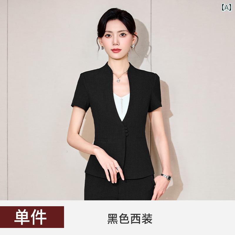 レディース グレー ノーカラー スーツ セットアップ 春夏秋 フォーマル ビジネス 職業服 ユニフォーム 美容院 ホテル フロント マネージャー 通勤 高級感