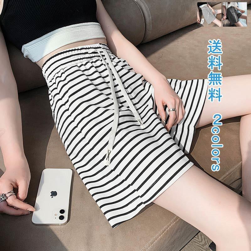 Rakuten - ショートパンツ スポーツパンツ スポーツウエア レディース ワイドパンツ ハーフパンツ ボーダー柄 しま柄 五分 ウエストゴム 大きいサイズ