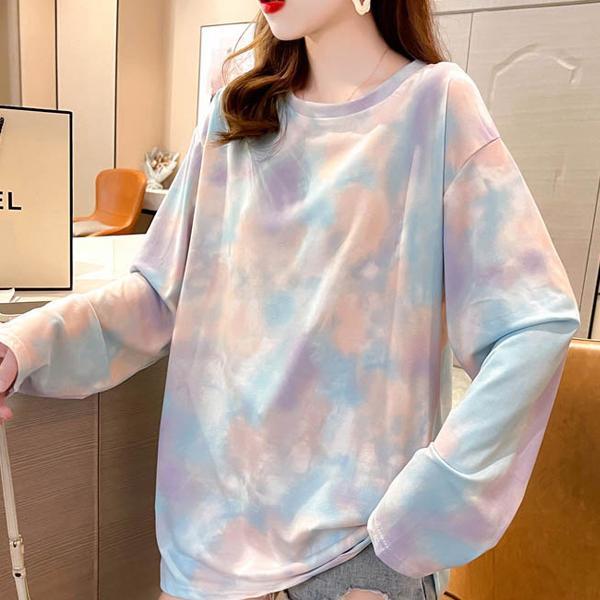 Tシャツ トップス 長袖 レディース ラウンド襟 ゆったり カジュアル ミックスカラー