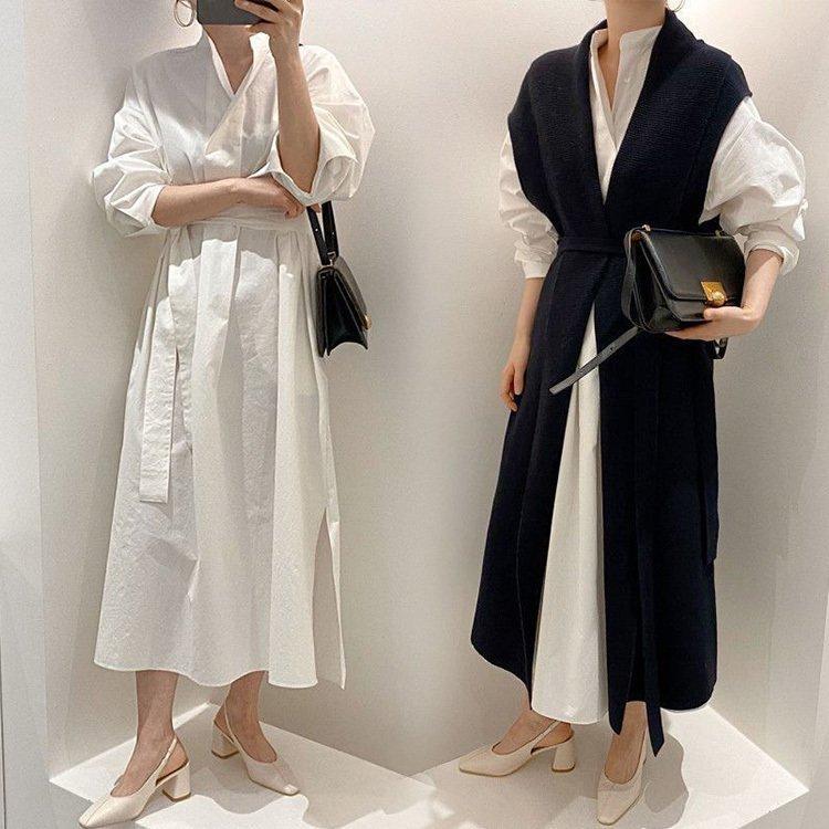 セットアップ ワンピース レディース 40代 秋冬 長袖 シャツワンピース ニットベスト ロングベスト ニットワンピース オシャレ きれいめ 着痩せ 上品