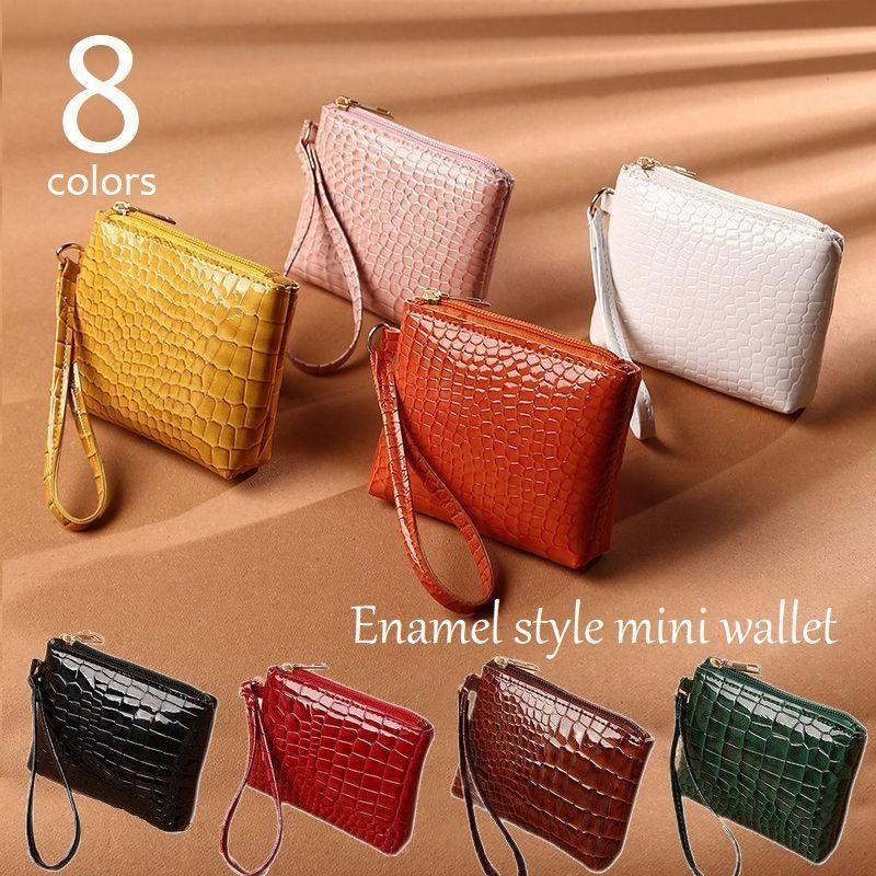 小銭入れ コインケース ストラップ付 ミニポーチ クロコダイル風 型押し エナメル調 ミニウォレット ファスナー式 小物入れ ミニ財布 コンパクト お