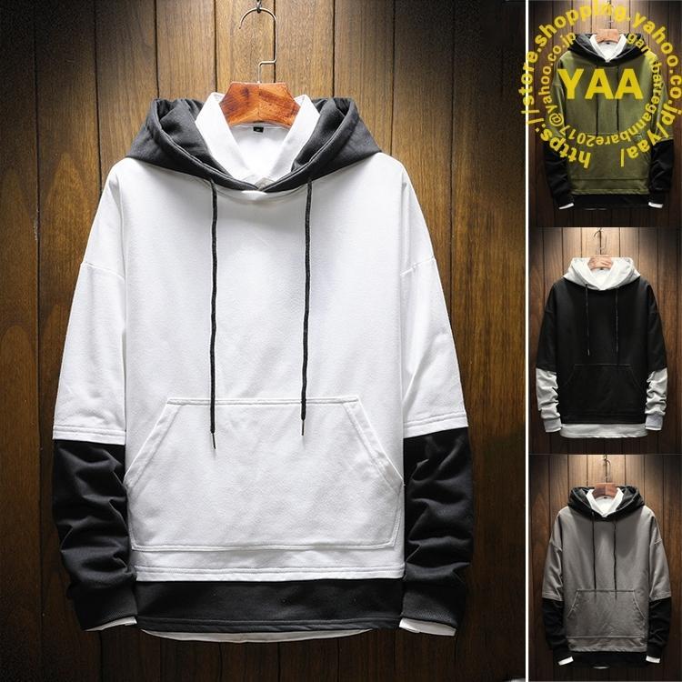 メンズ パーカー 長袖 トップス パーカー メンズ フェイクレイヤード 重ね着風 フード付き 新生活 通勤 通学