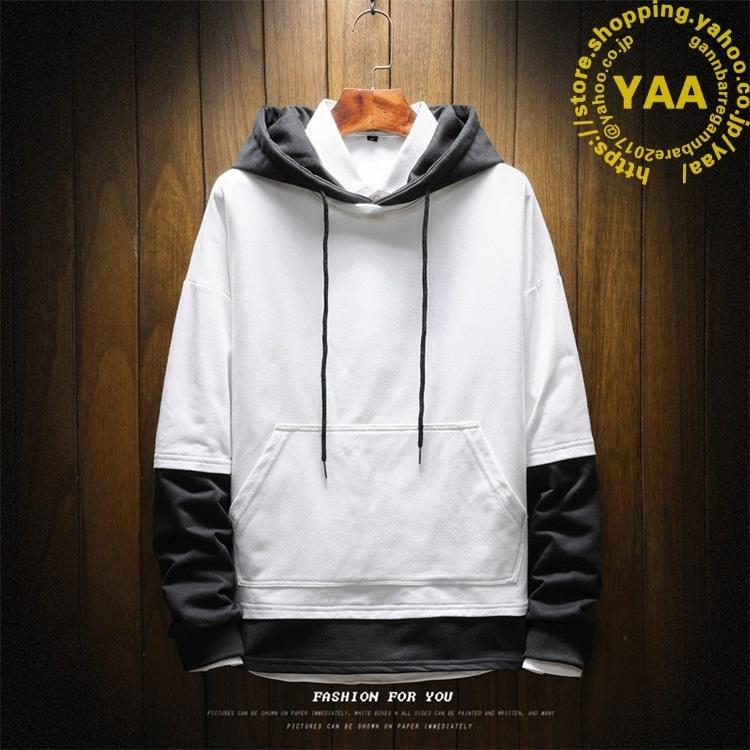 メンズ パーカー 長袖 トップス パーカー メンズ フェイクレイヤード 重ね着風 フード付き 新生活 通勤 通学