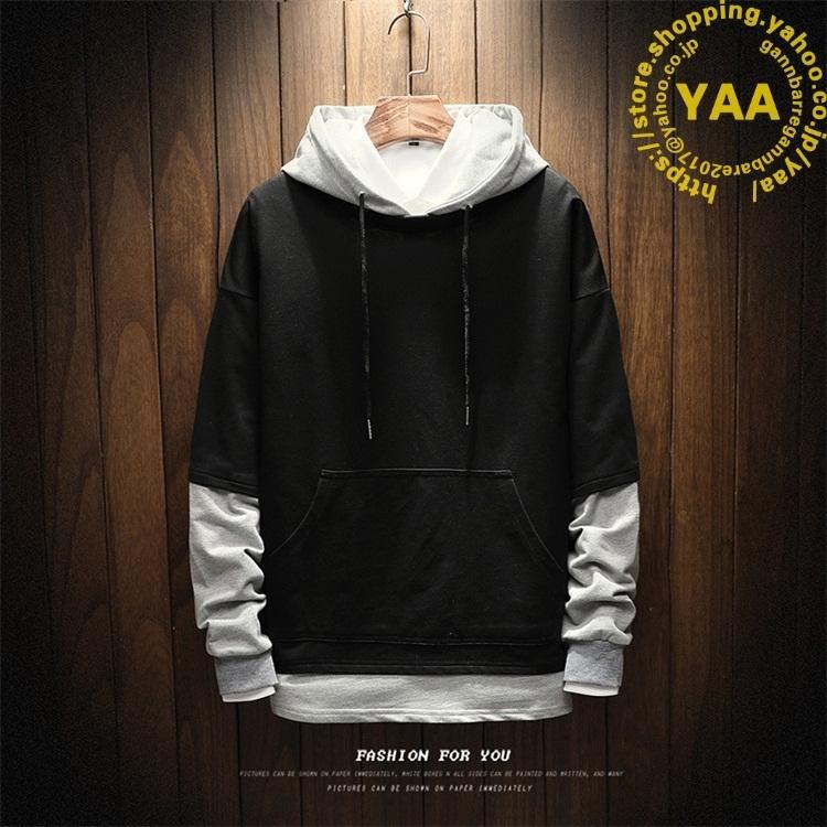 メンズ パーカー 長袖 トップス パーカー メンズ フェイクレイヤード 重ね着風 フード付き 新生活 通勤 通学