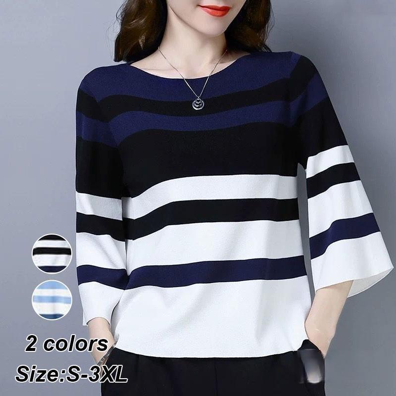 カットソー 七分袖 レディース ボーダー 春 夏 秋 tシャツ ニット フレアスリーブ 大きいサイズ きれいめ オフィス