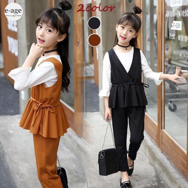韓国子供服 3点セット 女の子 カジュアル トップス+パンツ 長袖 無地 学生セットア...