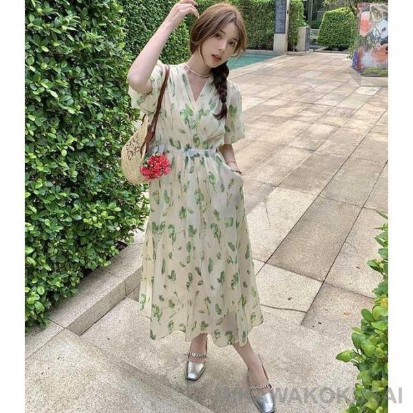 ワンピース 大きいサイズ パフスリーブ Vネック 花柄 半袖 大人かわいい ぽっちゃり 夏ワンピ 着やせ Aライン 3
