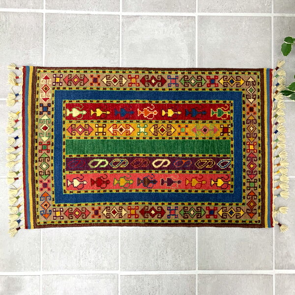 【送料無料】ハンドメイド絨毯 インド SAL 62cmx98cm ボーダー ストライプ ラグ カーペット マット 絨毯 ウール100% 高品質 おしゃれ 玄関マット シャル