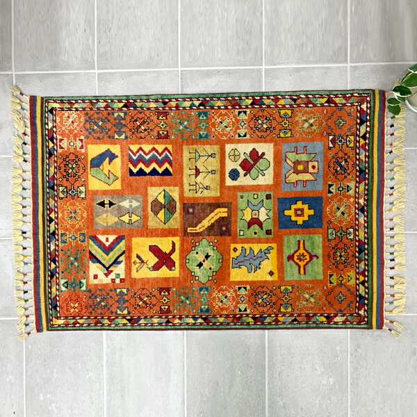 【送料無料】ハンドメイド絨毯 インド SAL 86cmx128cm オレンジ タイル ラグ カーペット マット 絨毯 ウール100% 高品質 おしゃれ 玄関マット シャル