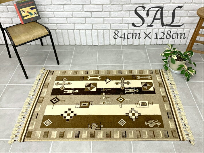 Rakuten - 【送料無料】ハンドメイド ラグ インド SAL 84cmx128cm ベージュ ブラウン 茶 ボーダー ストライプ モダン カーペット マット 絨毯 ウール100% 高品質 おしゃれ 玄関マット シャル