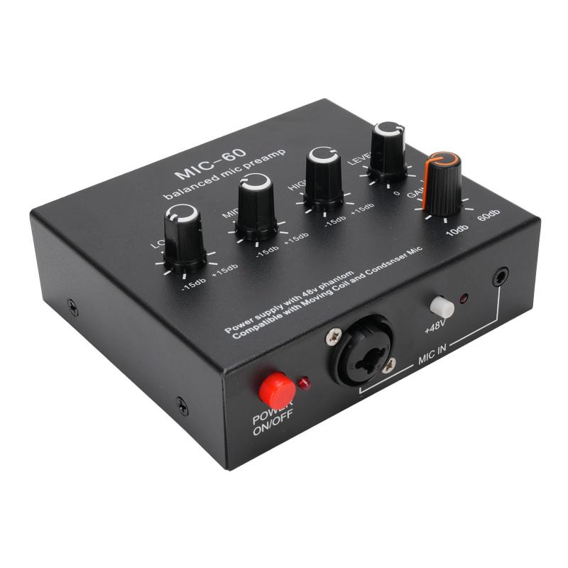 Elprico マイクプリアンプマイクブースター、3入力最大60dBゲイン48V電源、ダイナミックコンデンサーXLR 3.5mm 6.35mm入力出力用マイクプリアンプ