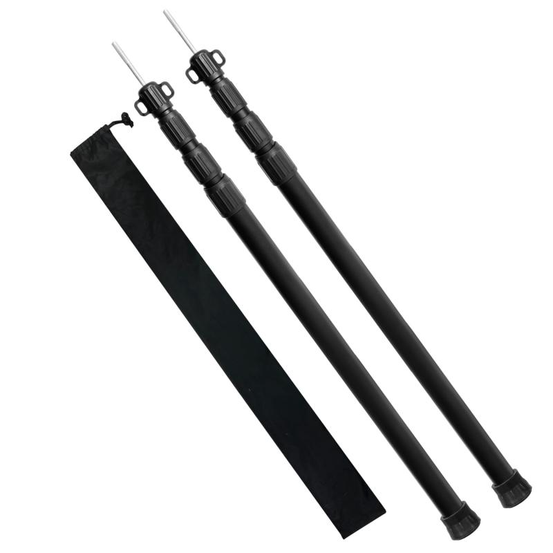 【81〜260cm無段階調節】タープポール テント用ポール 伸縮式アルミ製 直径31mm 2本セット 高耐久 コンパクト アウトド キャンプアポール【商品仕様】全開サイズ：高さ260cm（先端を含まない）×直径3.1cm（最も太い部分）　収納サイズ：86.5cm（先端を含む）×直径3.1cm　先端部分サイズ：長さ5.5cm×直径0.6cm　重量：0.6kg/本、2本でたったの1.2kg 素材：アルミニウム合金　セット内容：テントポール2本、収納袋【 無段階調節で理想の高さを自由に 】81cm〜260cmの広範囲で無段階に調節できるので、風の強い日も、開放的なリビング空間を作りたい日も自由自在。回す＆伸ばすだけのシンプル設計、余分なパーツ交換は不要で、誰でもスムーズに設営可能。【 φ28mmの極太ポールで抜群の安定感 】下段28mm・上段22mmの太径設計で、強風下でもしっかり支える高耐久仕様。ロック機構も強力で、大型タープやワンポールテントの二股化など、負荷のかかるシーンでもびくともしません。どんなシーンでも頼れる一本です。【 軽量アルミ合金＆高耐久 】本体は軽量アルミ合金製。1本あたりわずか0.6kg（2本で1.2kg）と軽量ながら、優れた強度を兼備。表面には高級感のあるマット仕上げのアルマイト加工を施し、サビやキズにも強く、長期間のアウトドア使用にも耐えます。【 多様なシーンに対応 】レクタタープ・シェード・陣幕・ワンポールテントなど、さまざまな設営方法に対応。特に高さの微調整が必要なシーンで真価を発揮します。キャンプはもちろん、BBQ、ビーチ、イベント、災害時の簡易シェルター設営など幅広く活躍