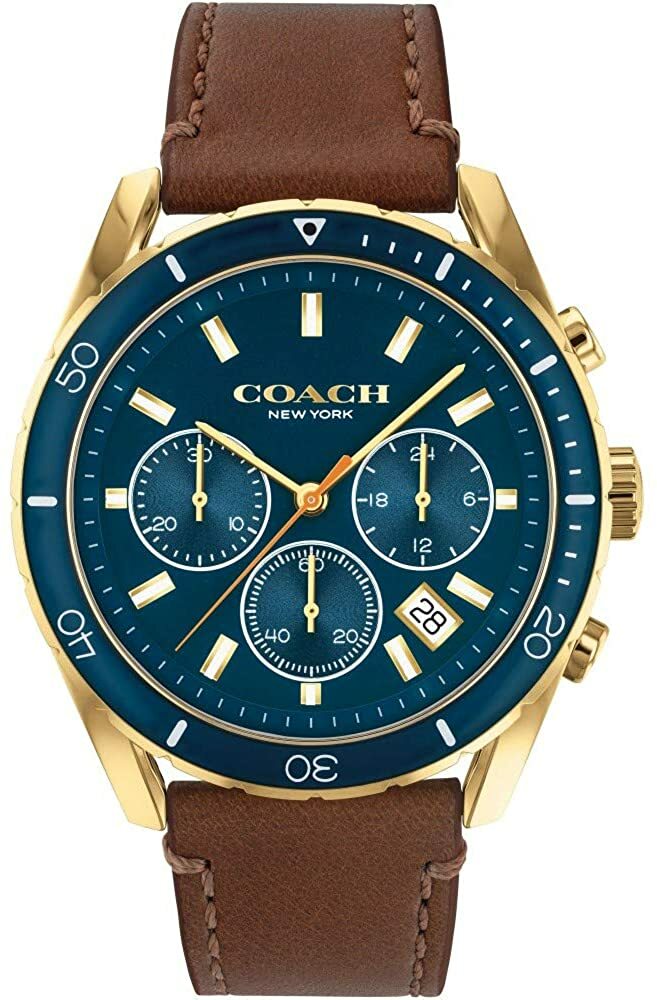 COACH 腕時計 14602513　コーチ　Preston　プレストン　ブルー 文字盤 クロノグラフ　ブラウンレザーベルト　メンズ レディース　日常生活防水 アナログ 時計 ウォッチ 新生活　並行輸入品　プレゼント　クオーツ オフィス ビジネス　記念日