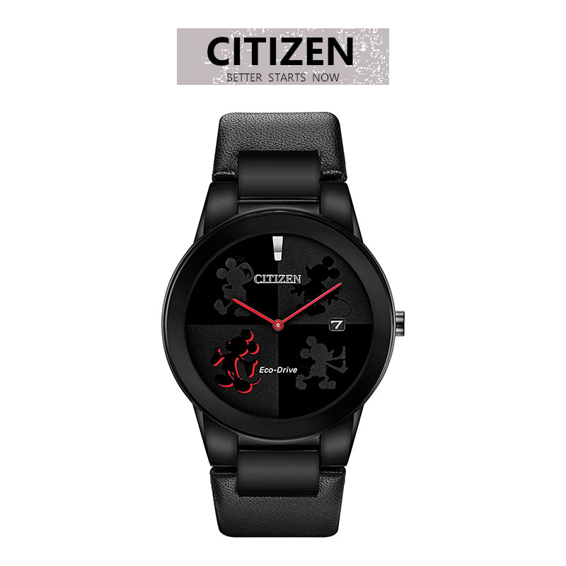 腕時計 メンズ ブラック シンプル シチズン エコドライブ ディズニー ミッキーマウス レザー CITIZEN AU1069-06W 並行輸入品