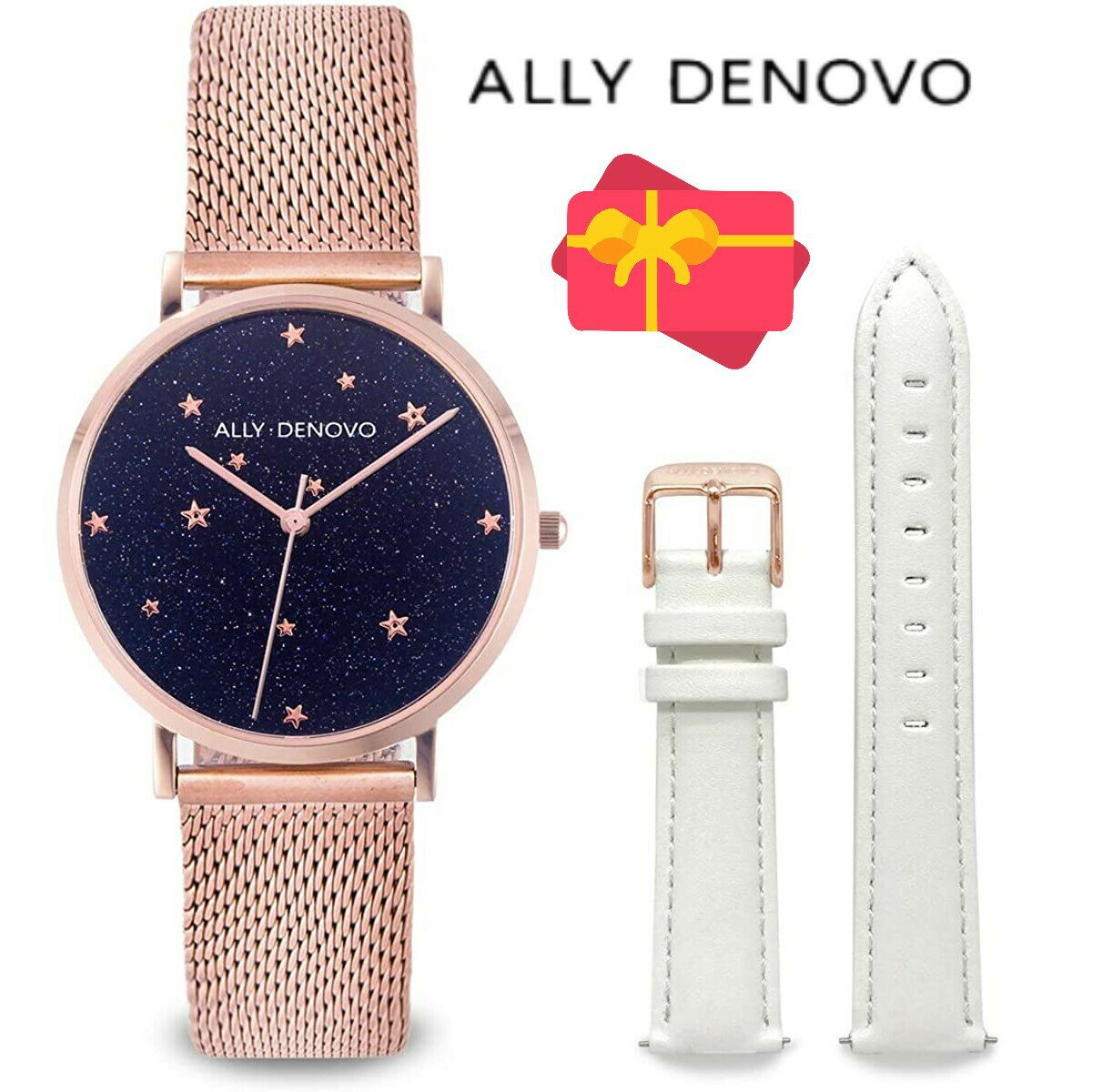 【ALLY DENOVO】　腕時計　AF5017-2　アリーデノヴ　STARRY NIGHT BOX 36mm　アベンチュリン・ブルーストーン　Rose Gold / White　　メンズ　レディース　ウォッチ・プレゼント 並行輸入品　プレゼント　記念日